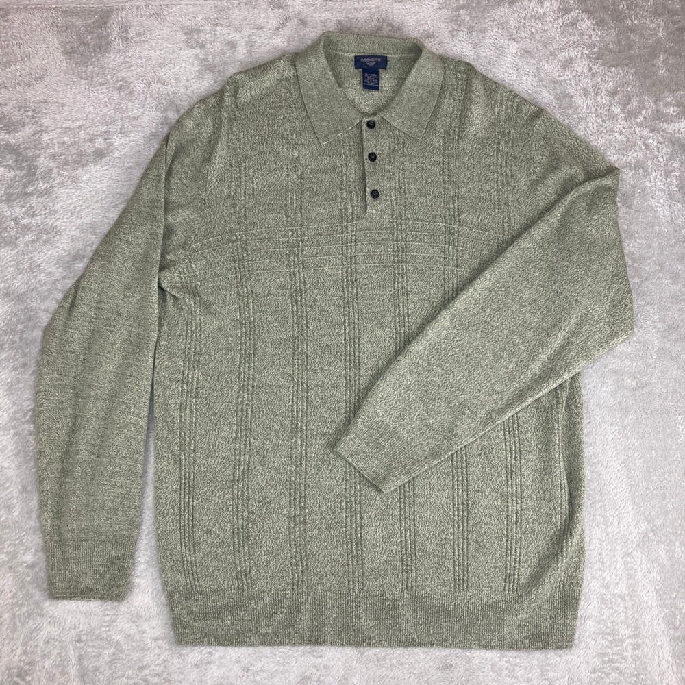 DOCKERS Sweater Mens XLT Green Textured Knit Polo Long Sleeve Casual
